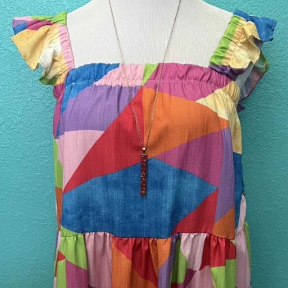 PEACH LOVE Colorblock Babydoll Ruffle Sleeve Tiered Dress - Picture 9 of 11